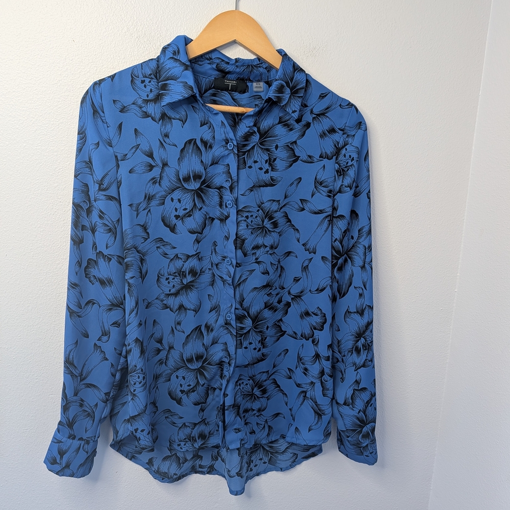 Tahari T Blue & Black Floral Long Sleeve Button Front Blouse Medium